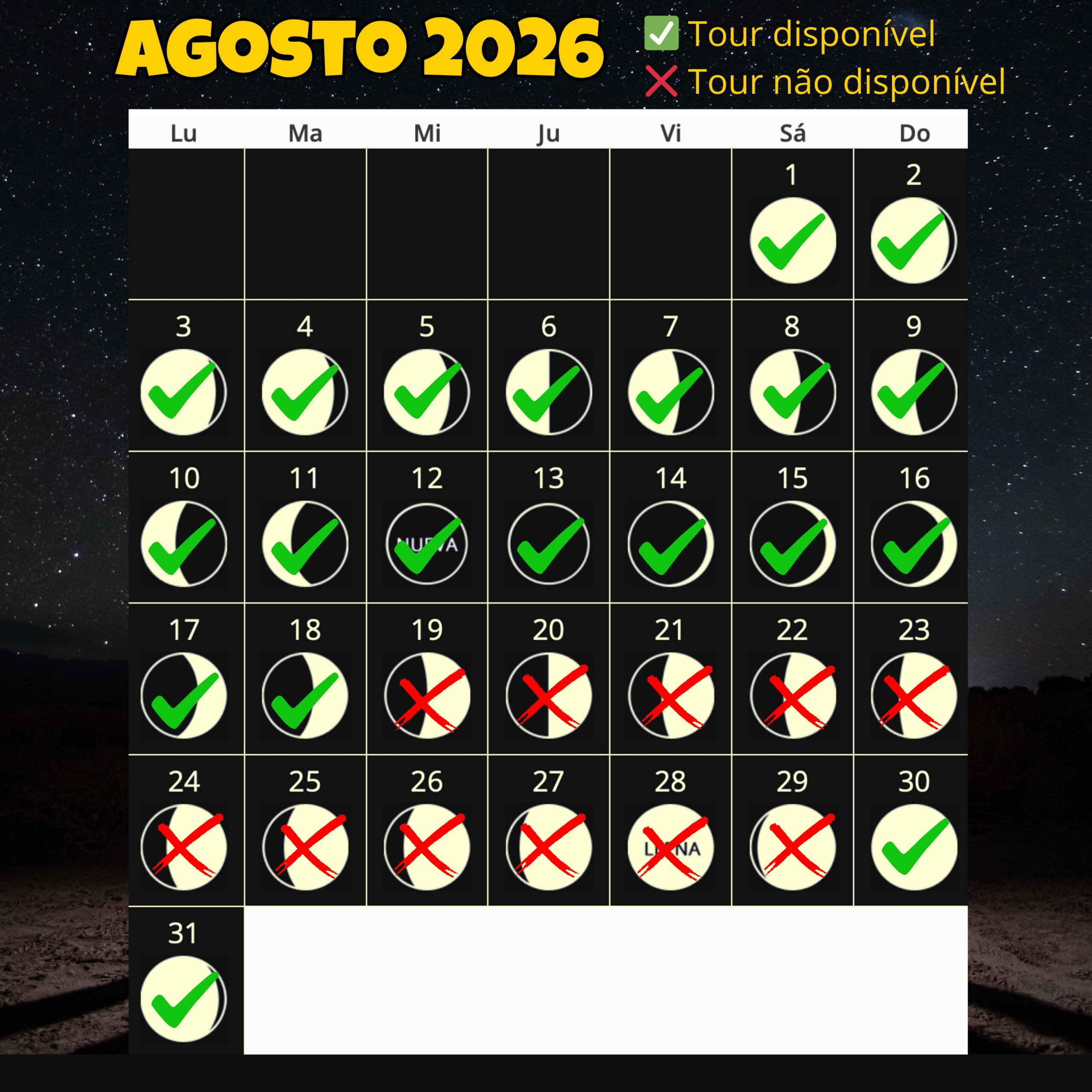 Calendario lunar de Agosto 2026